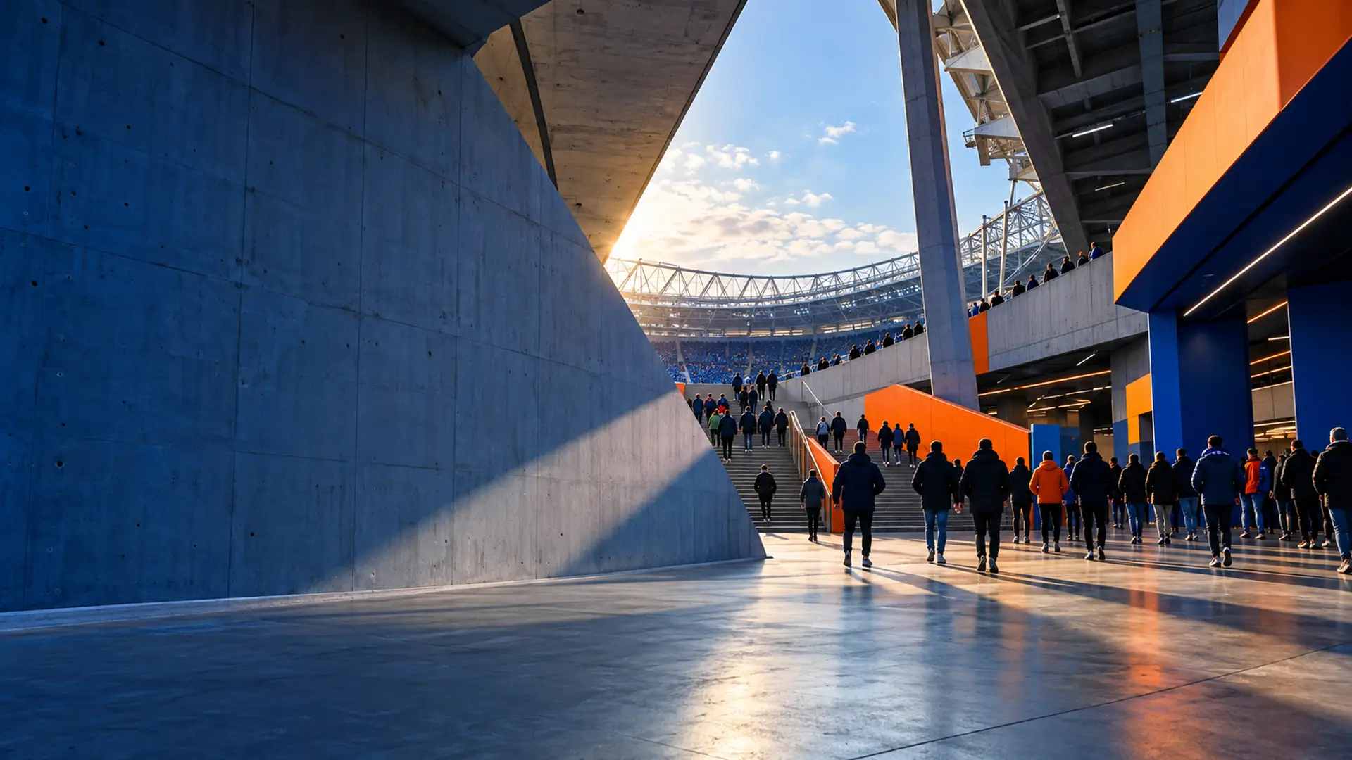 Supporters crossing a geometric concrete stadium concourse