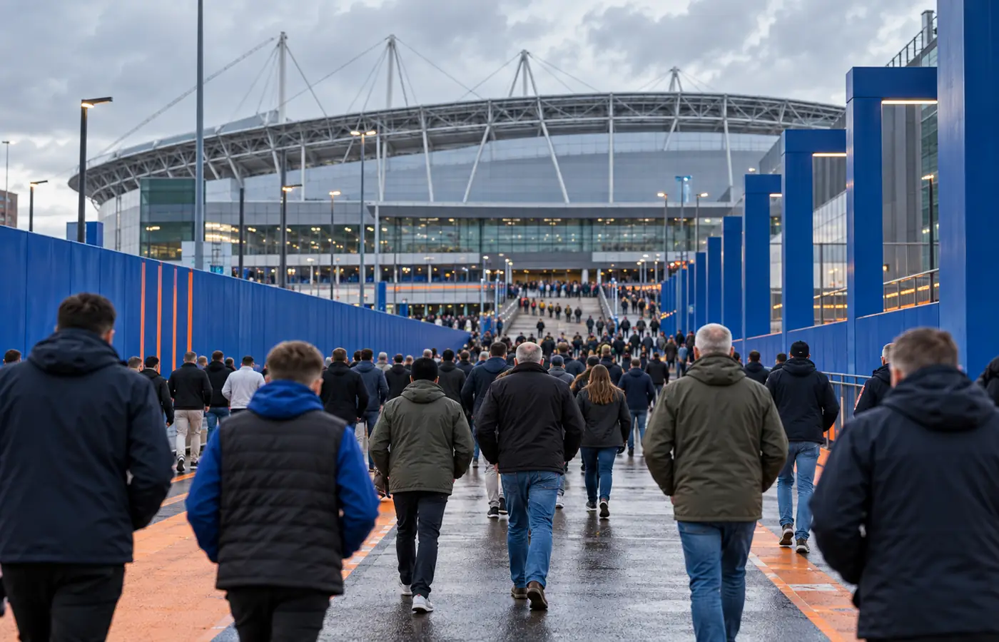 Supporters walking along a blue and orange route towards a modern stadium